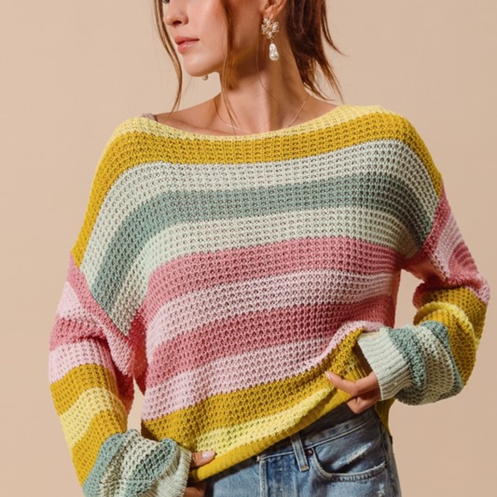 Yellow and Pink Crew Neck Sweater with Relaxed Fit